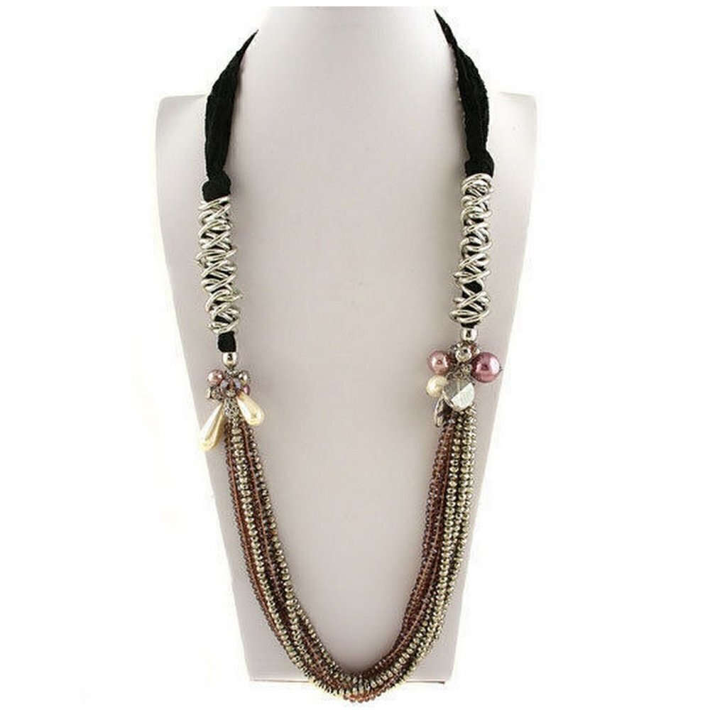 40" Long Black Lace Pearl Charm Queen Esther Hadassah Crystal Strand Necklace
